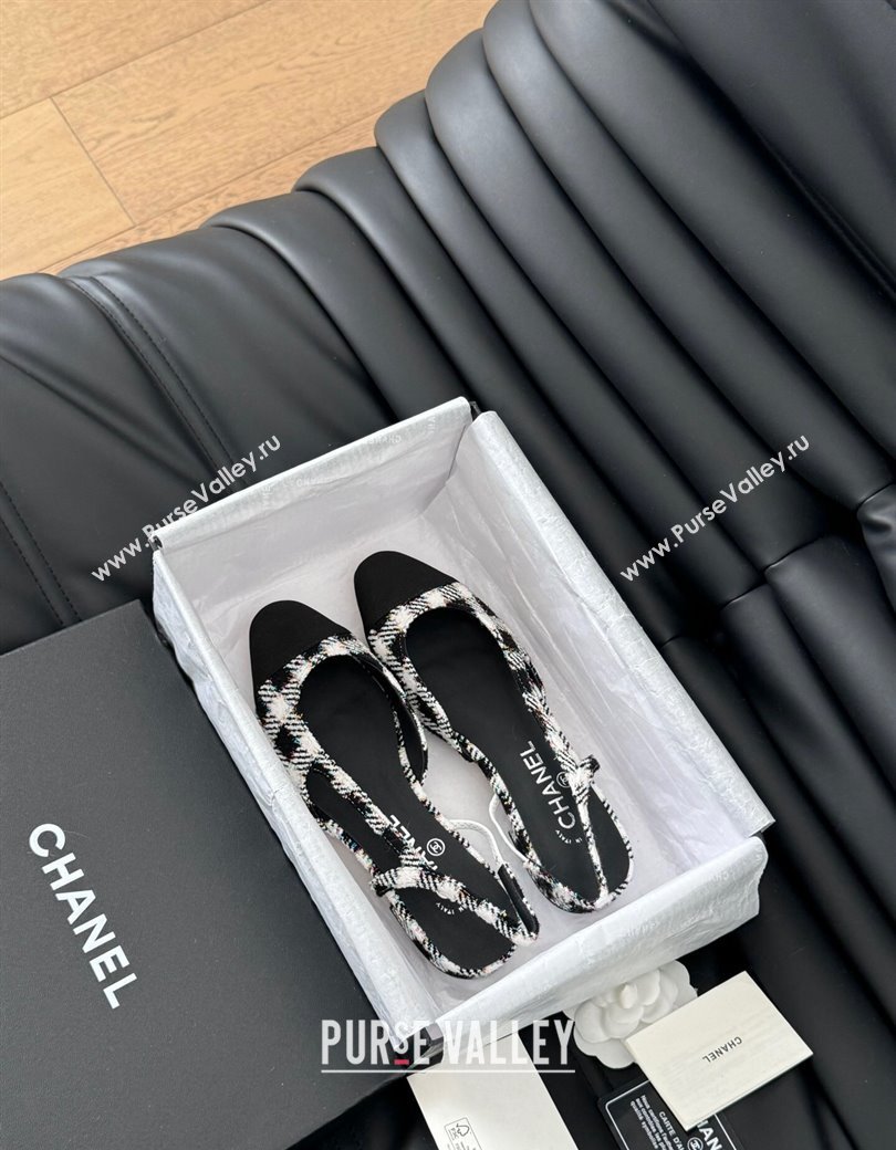 Chanel Check Fabric Grosgrain Slingbacks Flats G31319 Black/White 2025 0103 (MD-250103117)