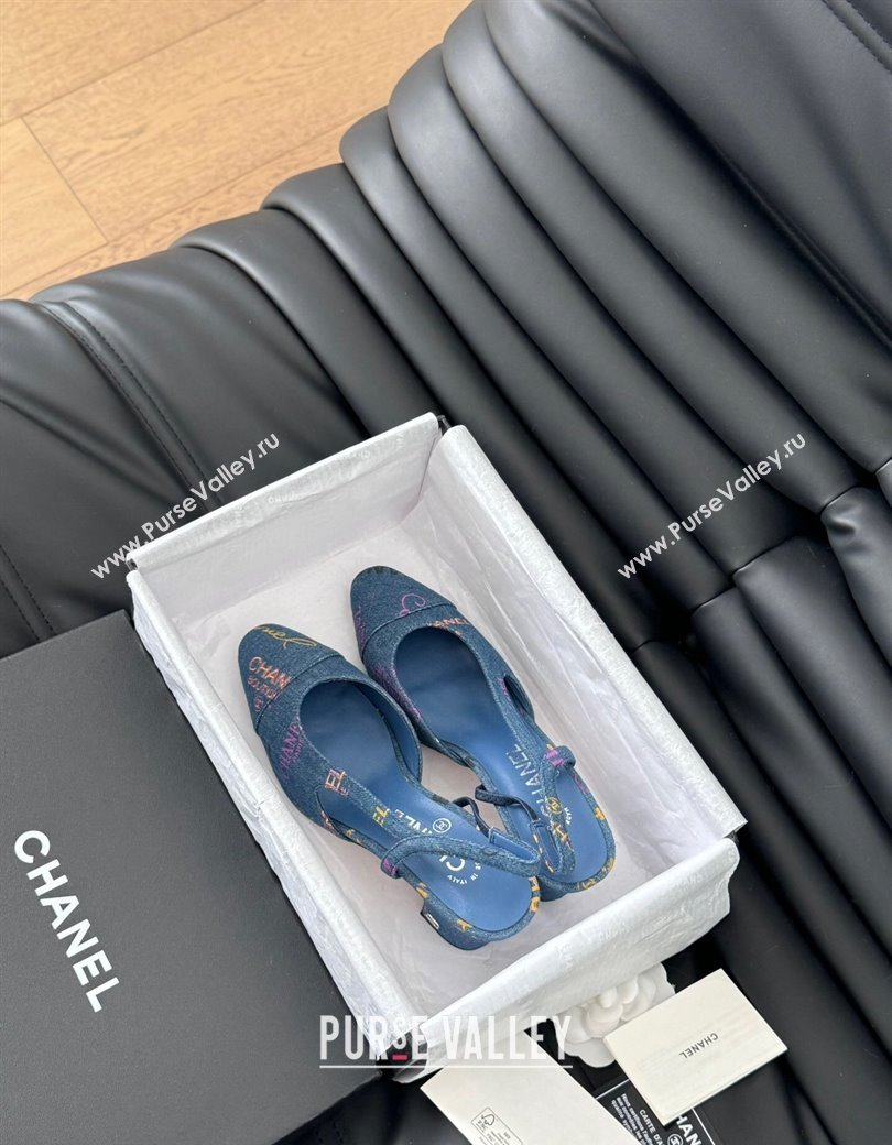 Chanel Printed Denim Slingback Pumps 6.5cm G31318 Blue 2025 0103 (MD-250103118)