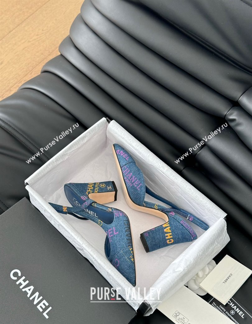 Chanel Printed Denim Slingback Pumps 9cm G45509 Blue 2025 0103 (MD-250103122)