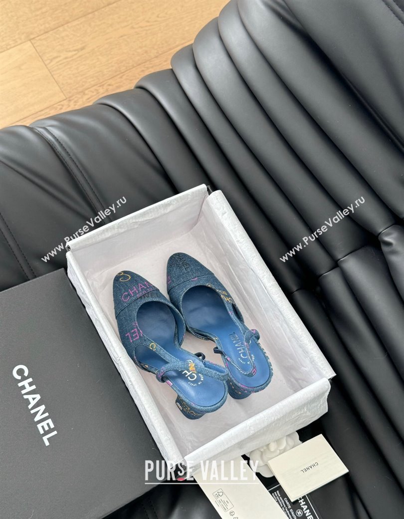 Chanel Printed Denim Slingback Pumps 9cm G45509 Blue 2025 0103 (MD-250103122)