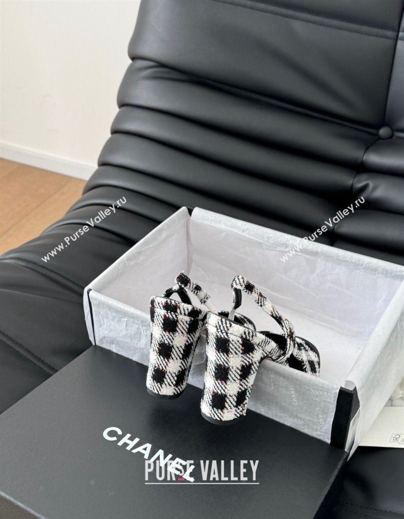 Chanel Check Fabric Grosgrain Slingback Pumps 9cm G45509 Black/White 2025 0103 (MD-250103123)