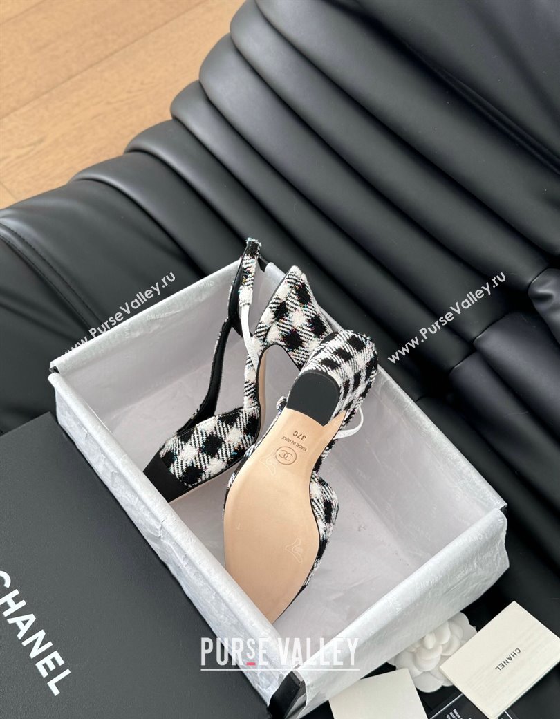 Chanel Check Fabric Grosgrain Slingback Pumps 9cm G45509 Black/White 2025 0103 (MD-250103123)