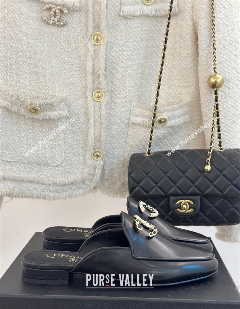 Chanel Lambskin Flat Mules with Strass and Chain CC G46157 Black 2024 (MD-250102103)