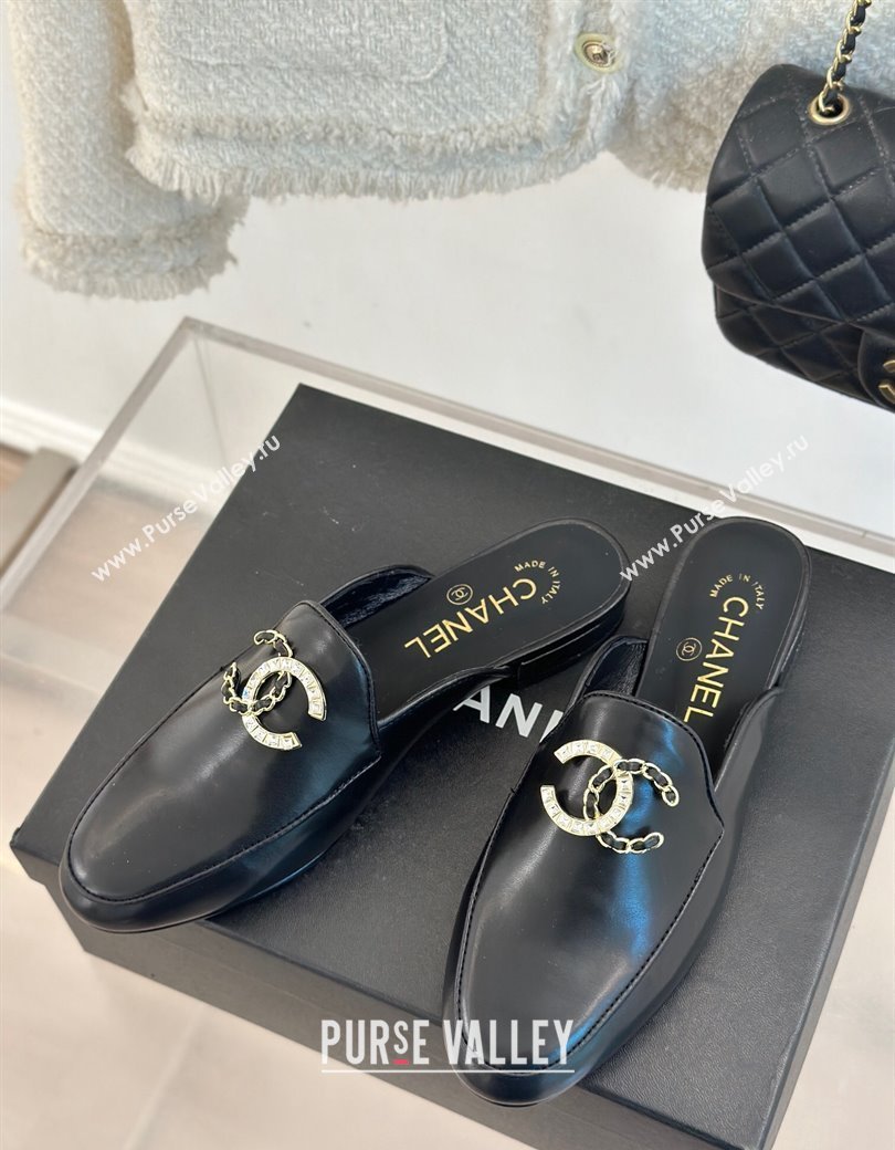 Chanel Lambskin Flat Mules with Strass and Chain CC G46157 Black 2024 (MD-250102103)