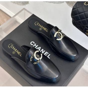 Chanel Lambskin Flat Mules with Strass and Chain CC G46157 Black 2024 (MD-250102103)