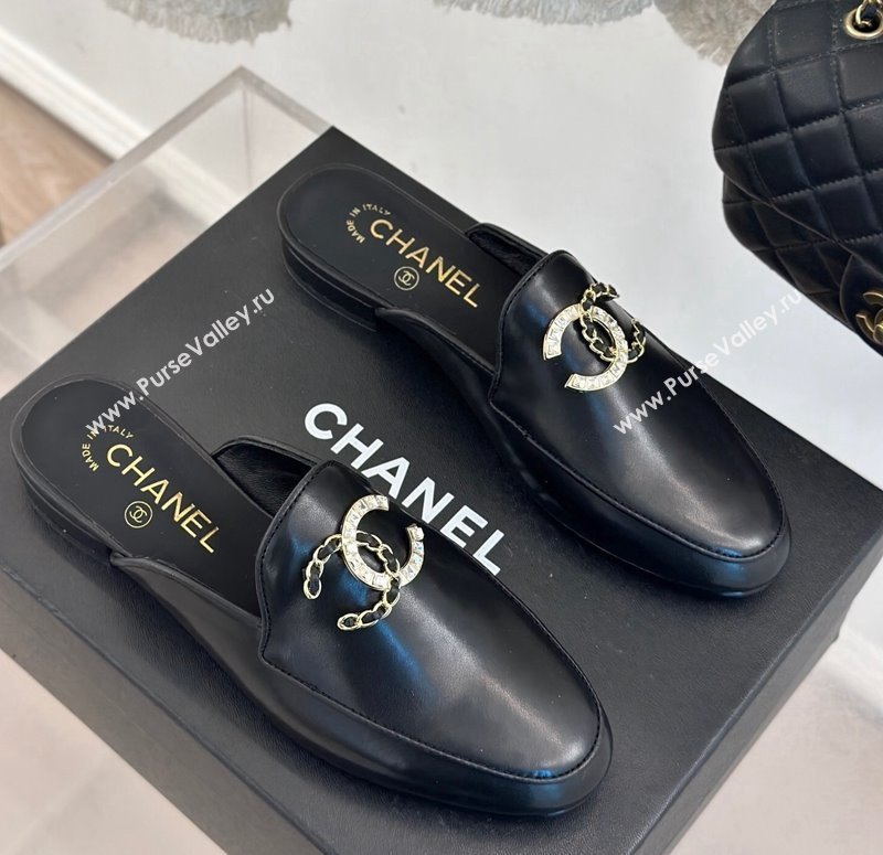 Chanel Lambskin Flat Mules with Strass and Chain CC G46157 Black 2024 (MD-250102103)