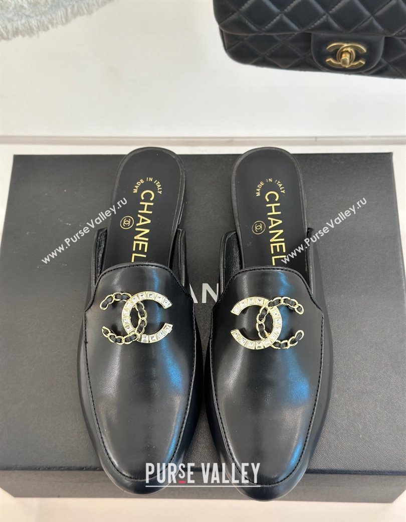 Chanel Lambskin Flat Mules with Strass and Chain CC G46157 Black 2024 (MD-250102103)