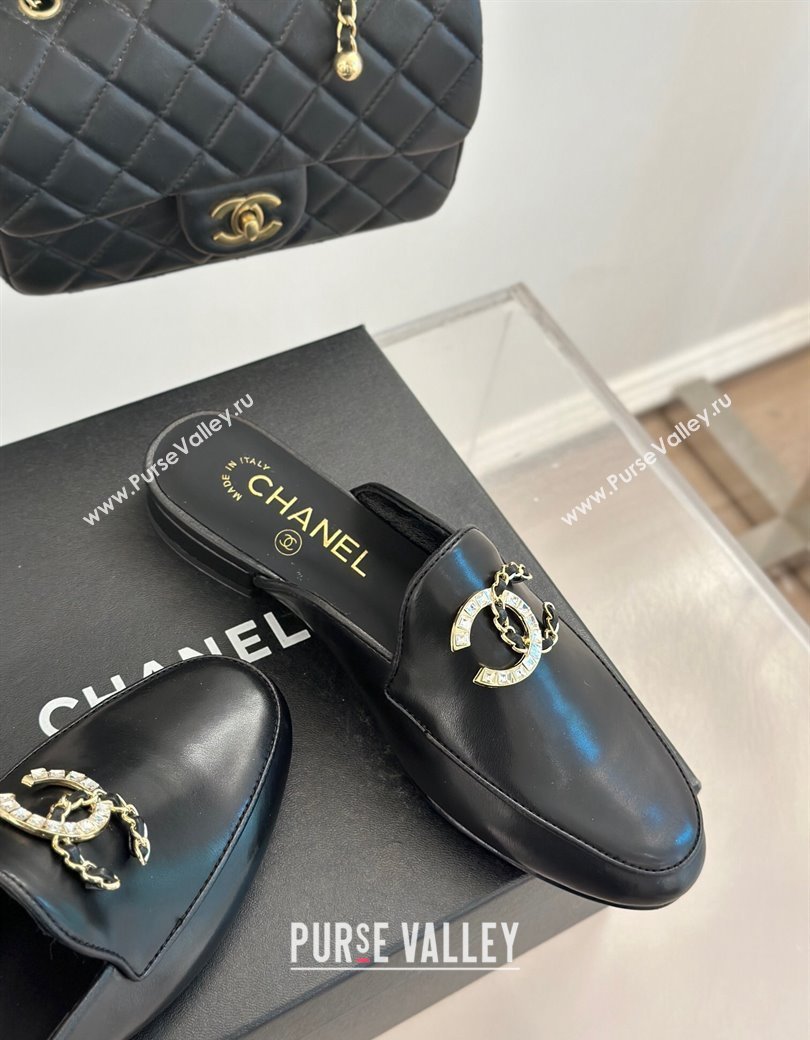 Chanel Lambskin Flat Mules with Strass and Chain CC G46157 Black 2024 (MD-250102103)