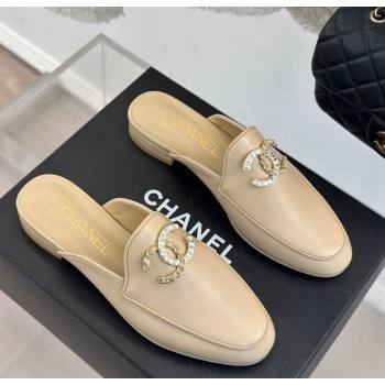 Chanel Lambskin Flat Mules with Strass and Chain CC G46157 Beige 2024 (MD-250102104)