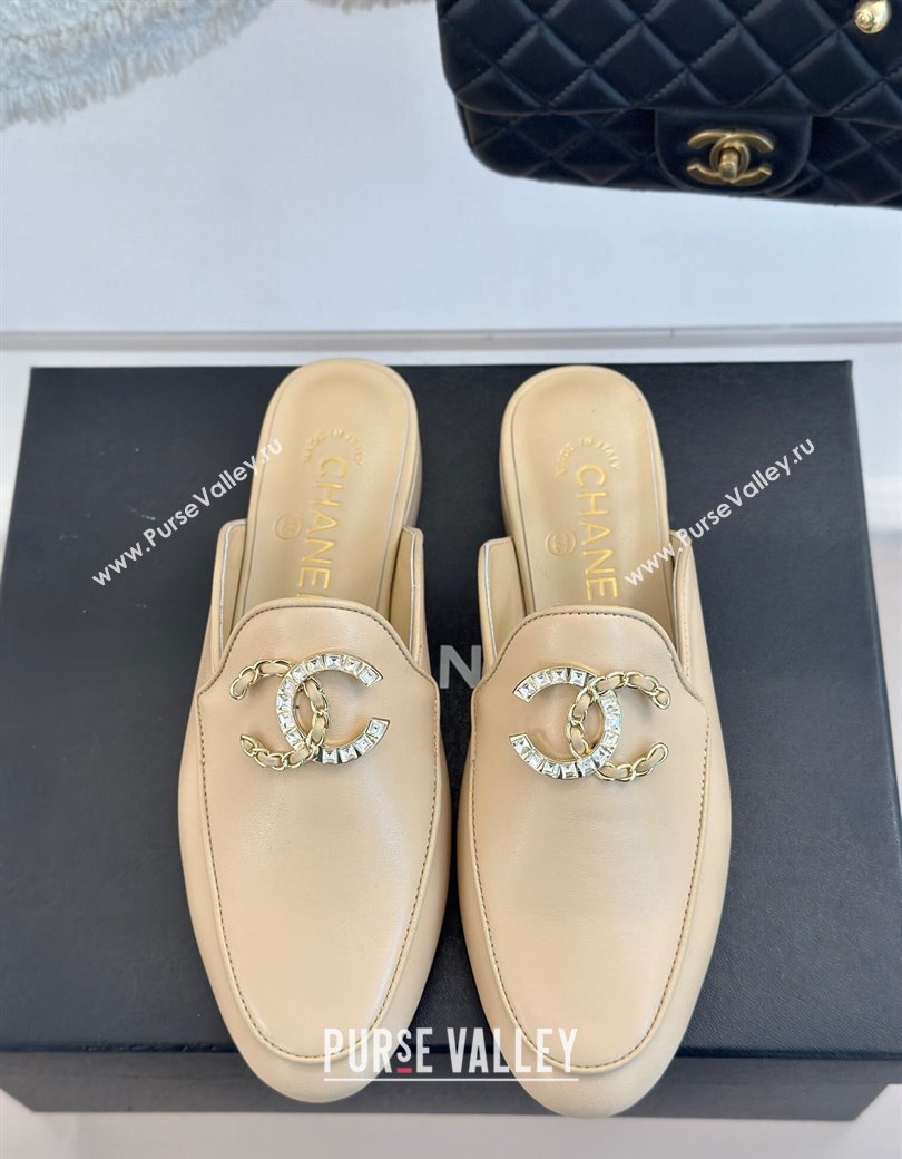 Chanel Lambskin Flat Mules with Strass and Chain CC G46157 Beige 2024 (MD-250102104)