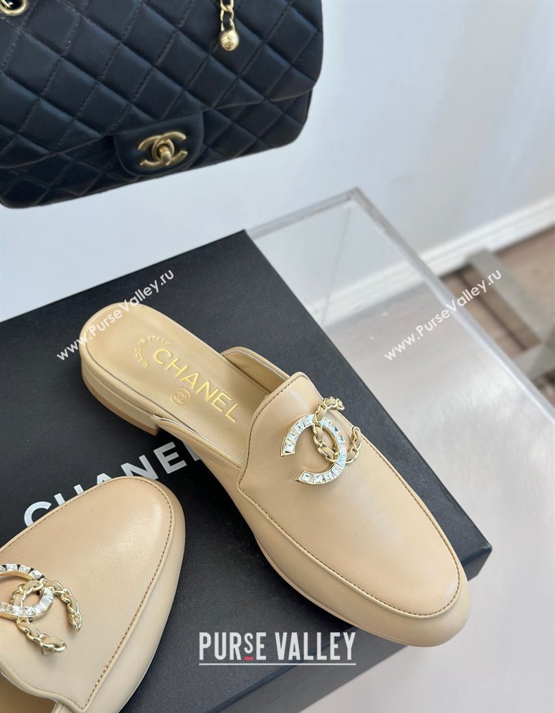 Chanel Lambskin Flat Mules with Strass and Chain CC G46157 Beige 2024 (MD-250102104)