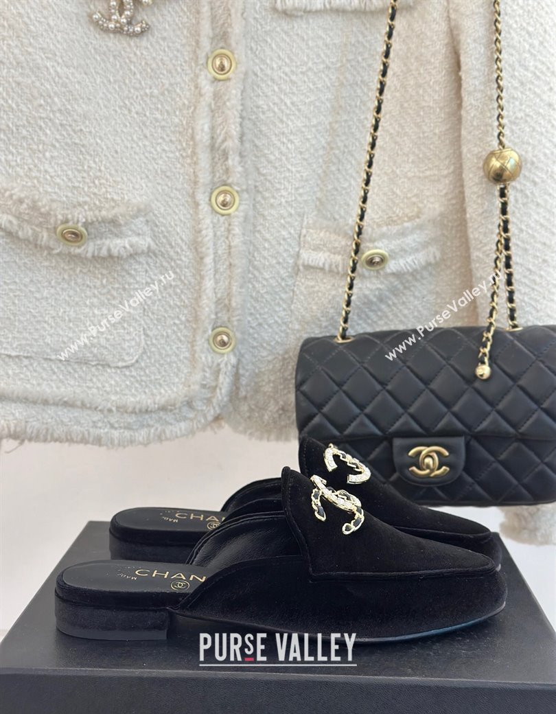 Chanel Velvet Flat Mules with Strass and Chain CC G46157 Black 2024 (MD-250102105)