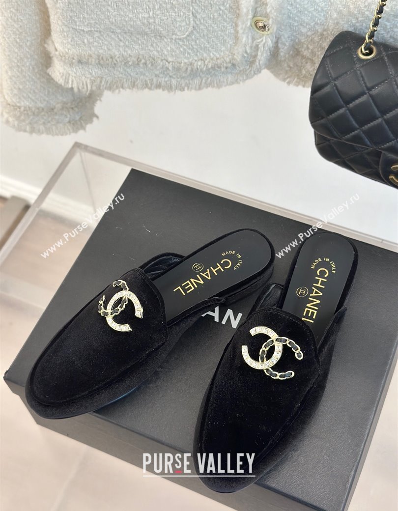 Chanel Velvet Flat Mules with Strass and Chain CC G46157 Black 2024 (MD-250102105)