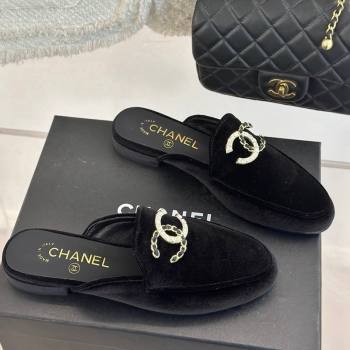 Chanel Velvet Flat Mules with Strass and Chain CC G46157 Black 2024 (MD-250102105)