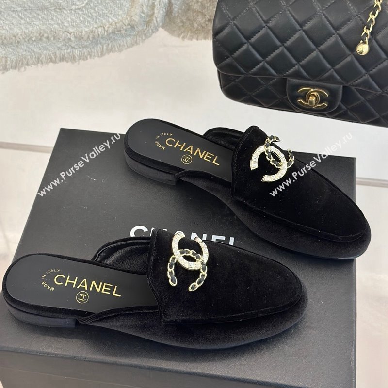 Chanel Velvet Flat Mules with Strass and Chain CC G46157 Black 2024 (MD-250102105)