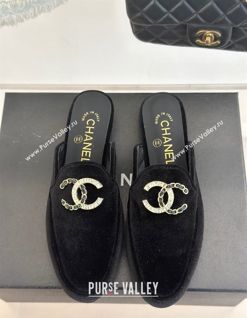 Chanel Velvet Flat Mules with Strass and Chain CC G46157 Black 2024 (MD-250102105)