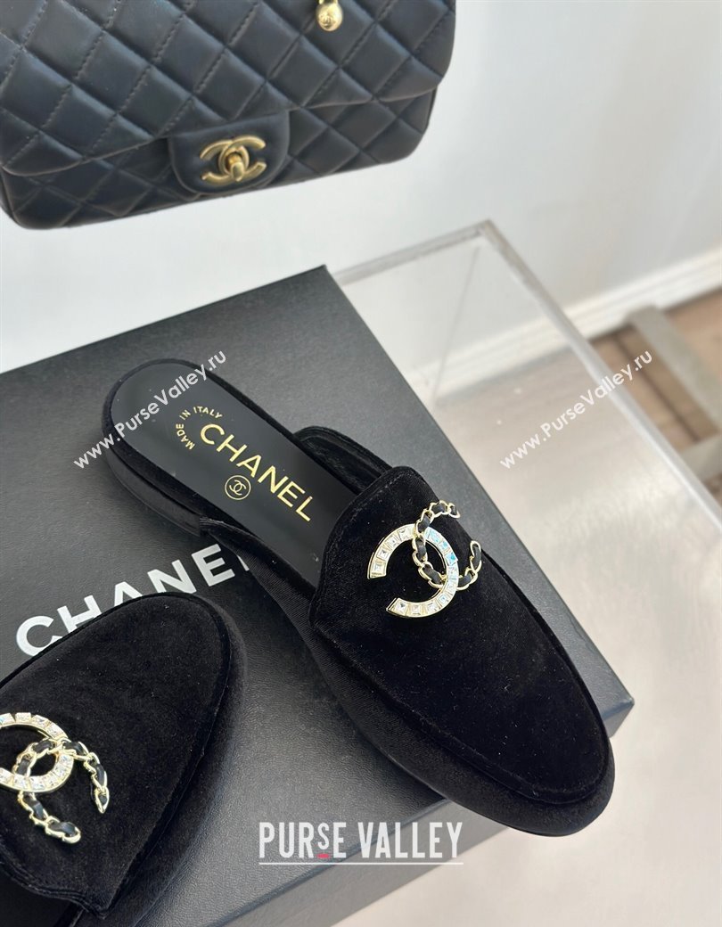 Chanel Velvet Flat Mules with Strass and Chain CC G46157 Black 2024 (MD-250102105)