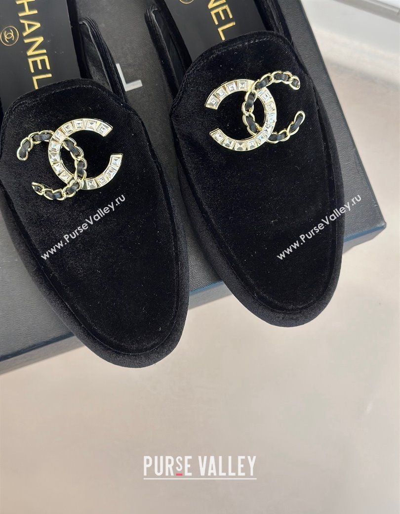 Chanel Velvet Flat Mules with Strass and Chain CC G46157 Black 2024 (MD-250102105)