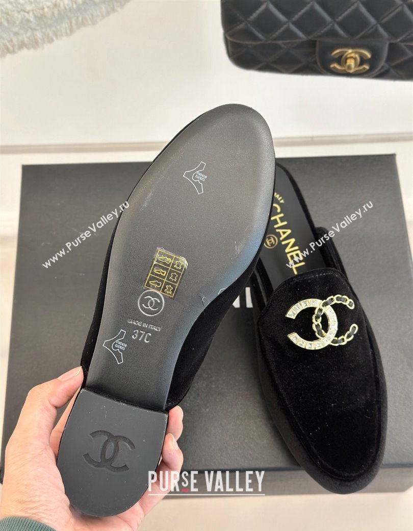 Chanel Velvet Flat Mules with Strass and Chain CC G46157 Black 2024 (MD-250102105)