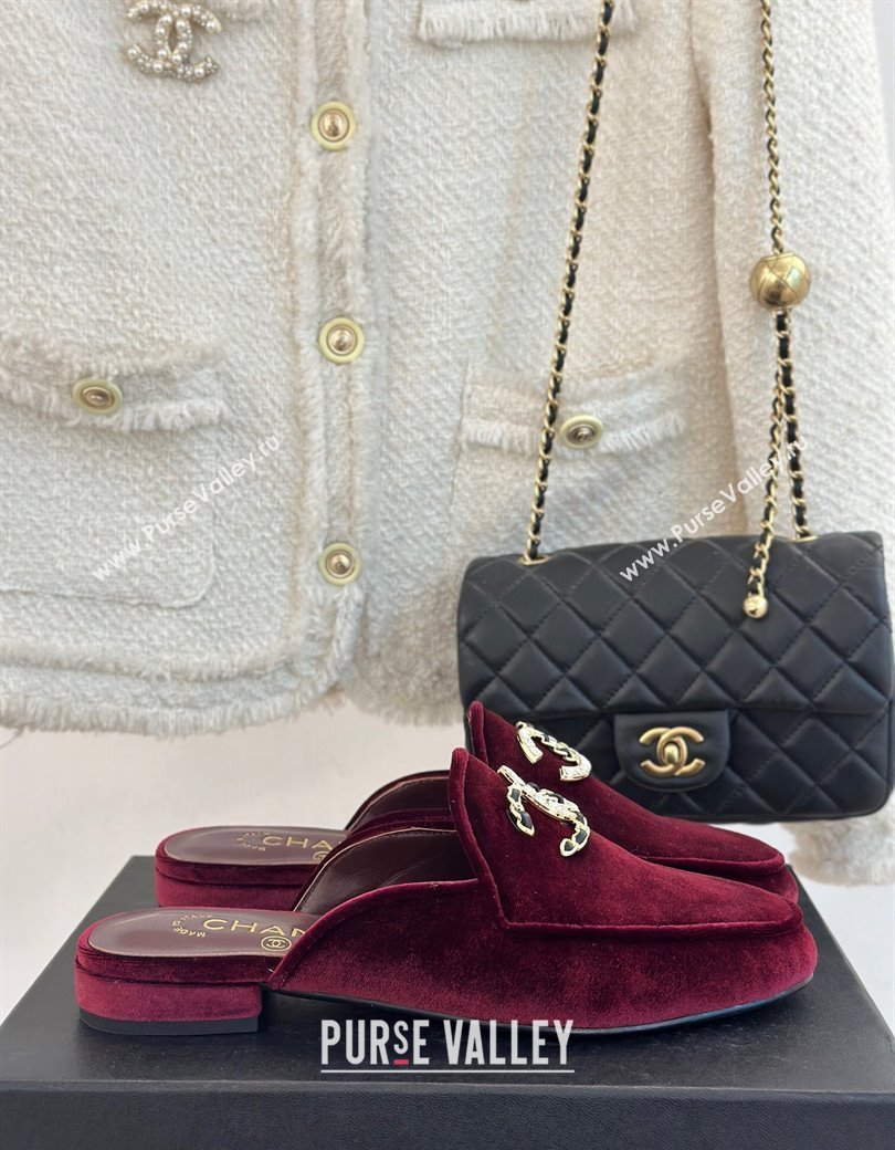 Chanel Velvet Flat Mules with Strass and Chain CC G46157 Dark Burgundy 2024 (MD-250102106)