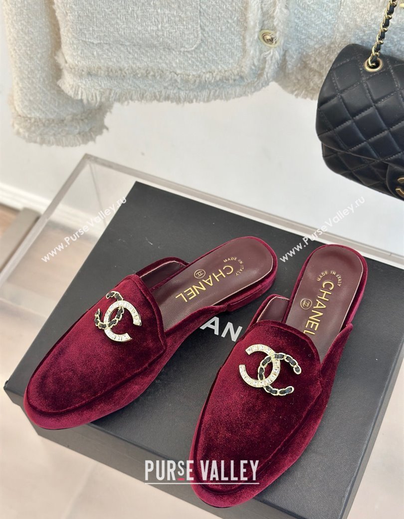 Chanel Velvet Flat Mules with Strass and Chain CC G46157 Dark Burgundy 2024 (MD-250102106)