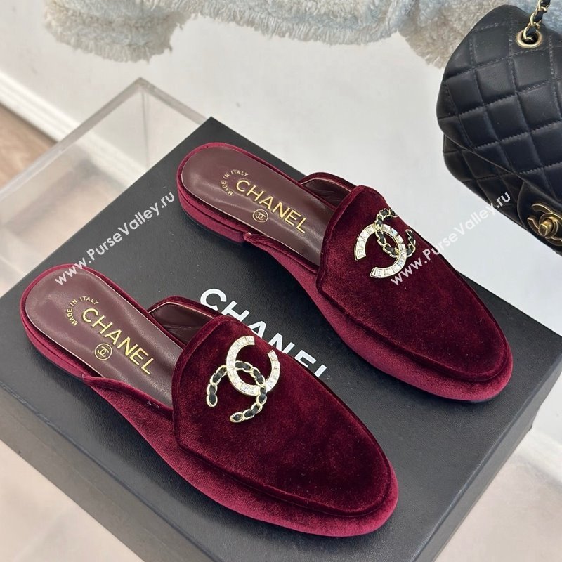 Chanel Velvet Flat Mules with Strass and Chain CC G46157 Dark Burgundy 2024 (MD-250102106)