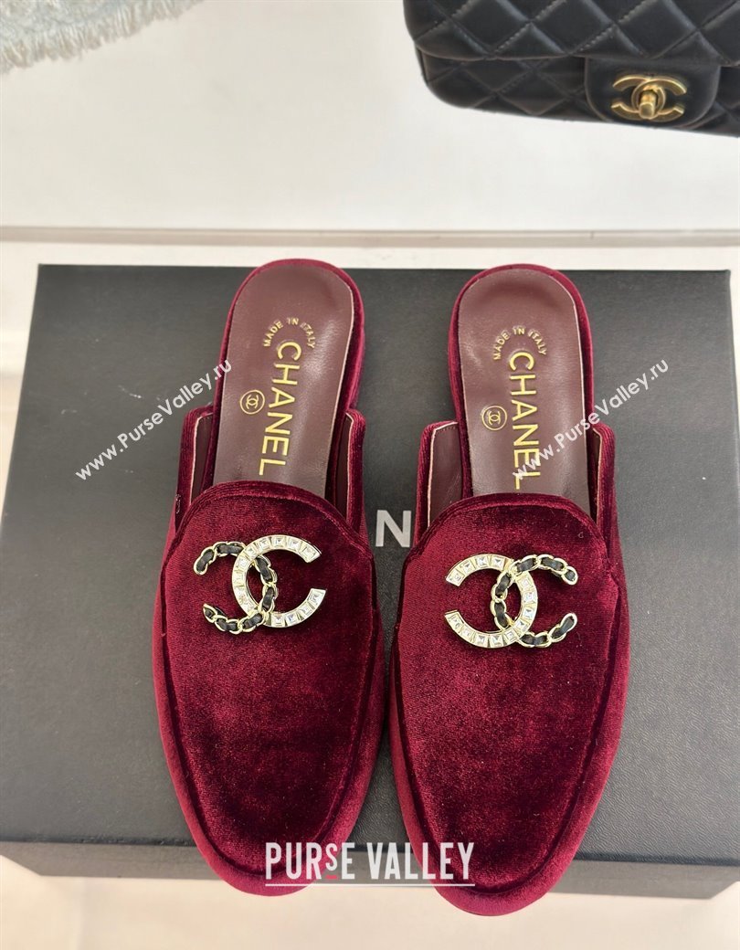 Chanel Velvet Flat Mules with Strass and Chain CC G46157 Dark Burgundy 2024 (MD-250102106)