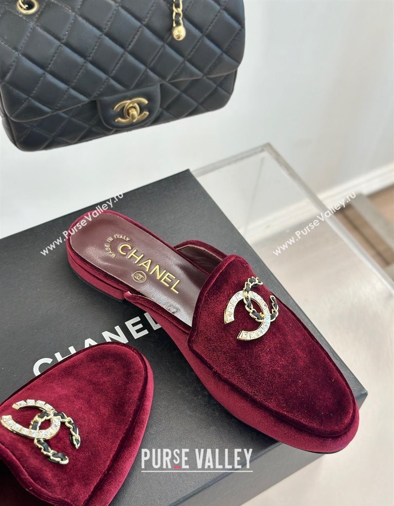 Chanel Velvet Flat Mules with Strass and Chain CC G46157 Dark Burgundy 2024 (MD-250102106)