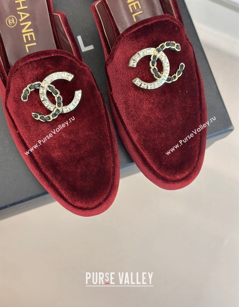 Chanel Velvet Flat Mules with Strass and Chain CC G46157 Dark Burgundy 2024 (MD-250102106)