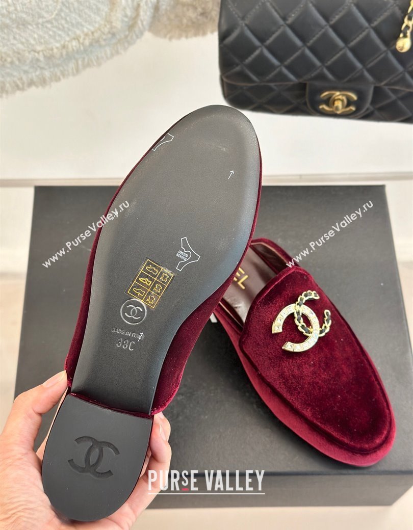 Chanel Velvet Flat Mules with Strass and Chain CC G46157 Dark Burgundy 2024 (MD-250102106)