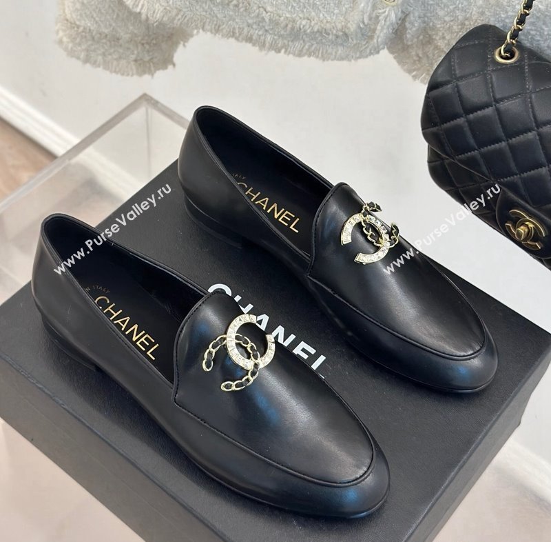 Chanel Lambskin Loafers with Strass and Chain CC G46157 Black 2024 (MD-250102093)