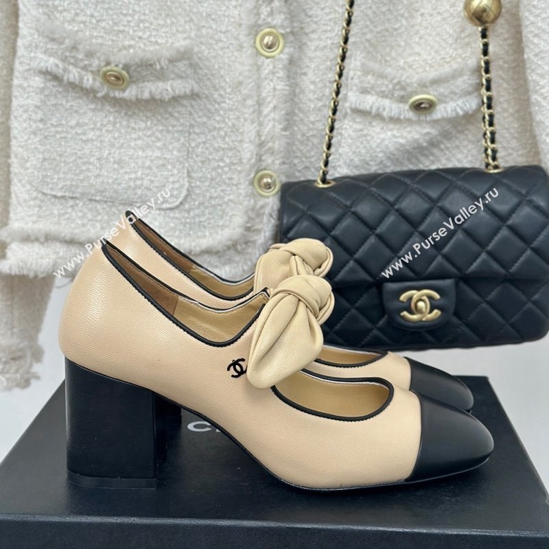 Chanel Lambskin Patent Leather Mary Janes Pumps with Knot Bow Beige 2025 G46149 (MD-250103031)