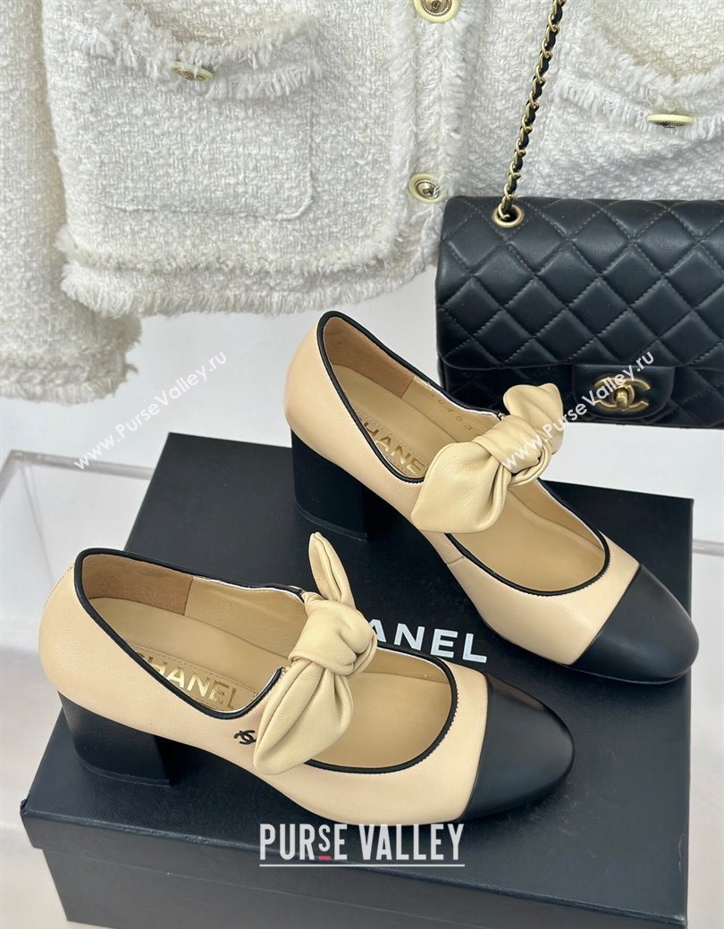 Chanel Lambskin Patent Leather Mary Janes Pumps with Knot Bow Beige 2025 G46149 (MD-250103031)