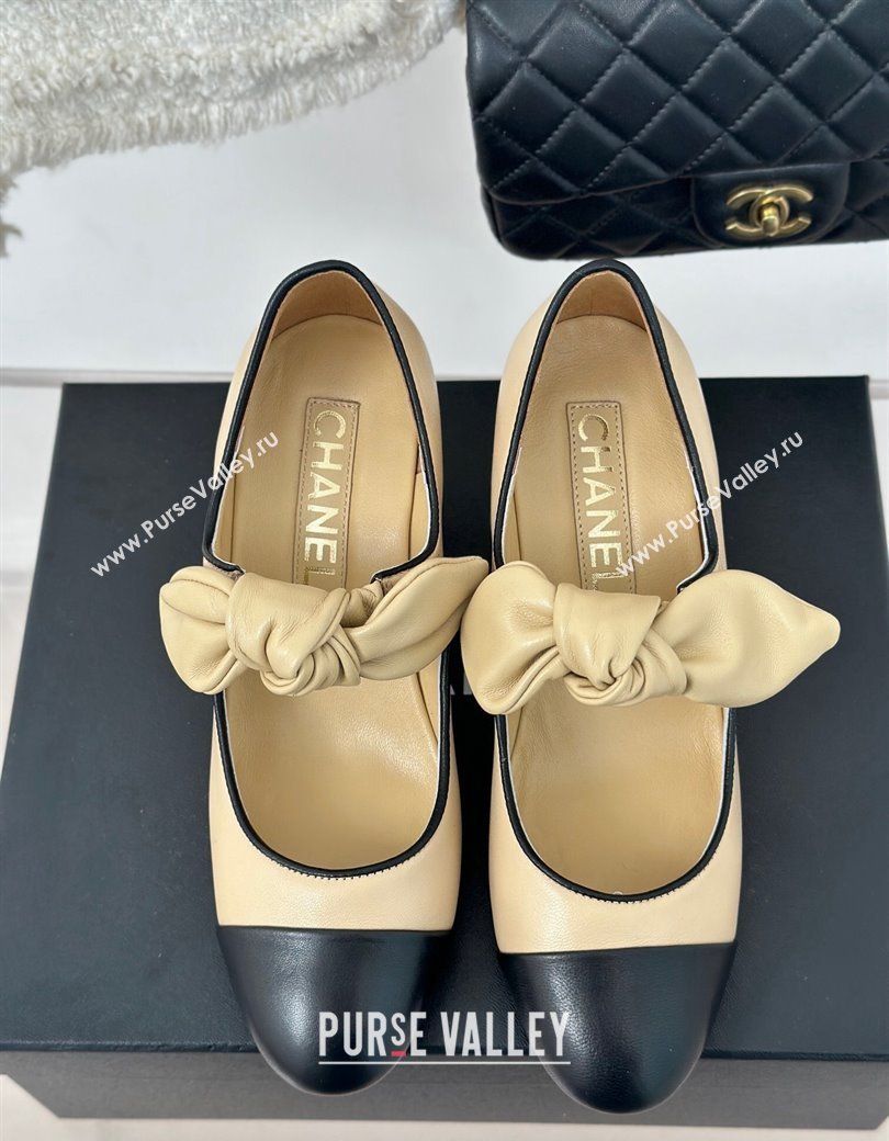 Chanel Lambskin Patent Leather Mary Janes Pumps with Knot Bow Beige 2025 G46149 (MD-250103031)