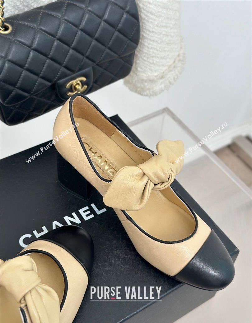 Chanel Lambskin Patent Leather Mary Janes Pumps with Knot Bow Beige 2025 G46149 (MD-250103031)