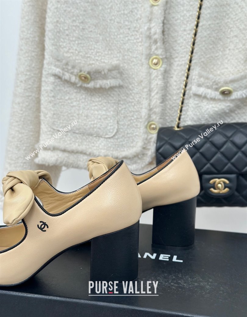 Chanel Lambskin Patent Leather Mary Janes Pumps with Knot Bow Beige 2025 G46149 (MD-250103031)