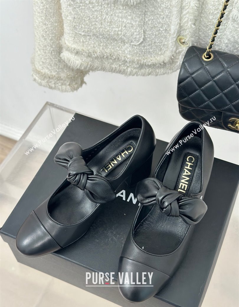 Chanel Lambskin Patent Leather Mary Janes Pumps with Knot Bow Black 2025 G46149 (MD-250103032)