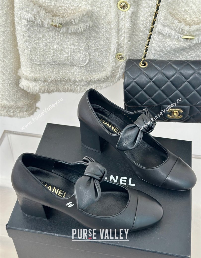 Chanel Lambskin Patent Leather Mary Janes Pumps with Knot Bow Black 2025 G46149 (MD-250103032)