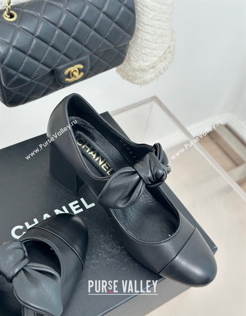 Chanel Lambskin Patent Leather Mary Janes Pumps with Knot Bow Black 2025 G46149 (MD-250103032)