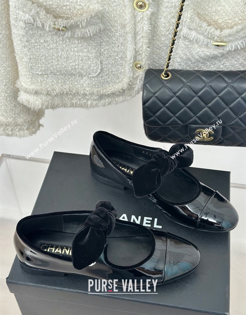 Chanel Patent Calfskin Leather Mary Janes Ballet Flats with Knot Bow Black 2025 G46149 (MD-250103033)