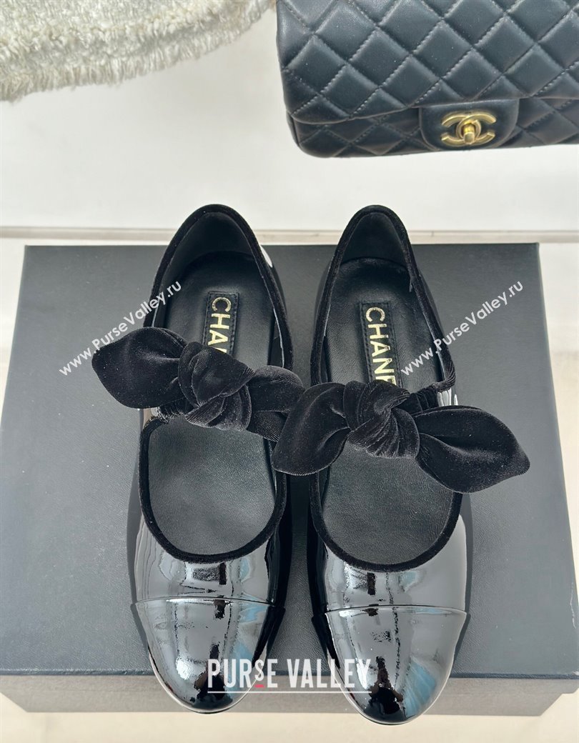 Chanel Patent Calfskin Leather Mary Janes Ballet Flats with Knot Bow Black 2025 G46149 (MD-250103033)