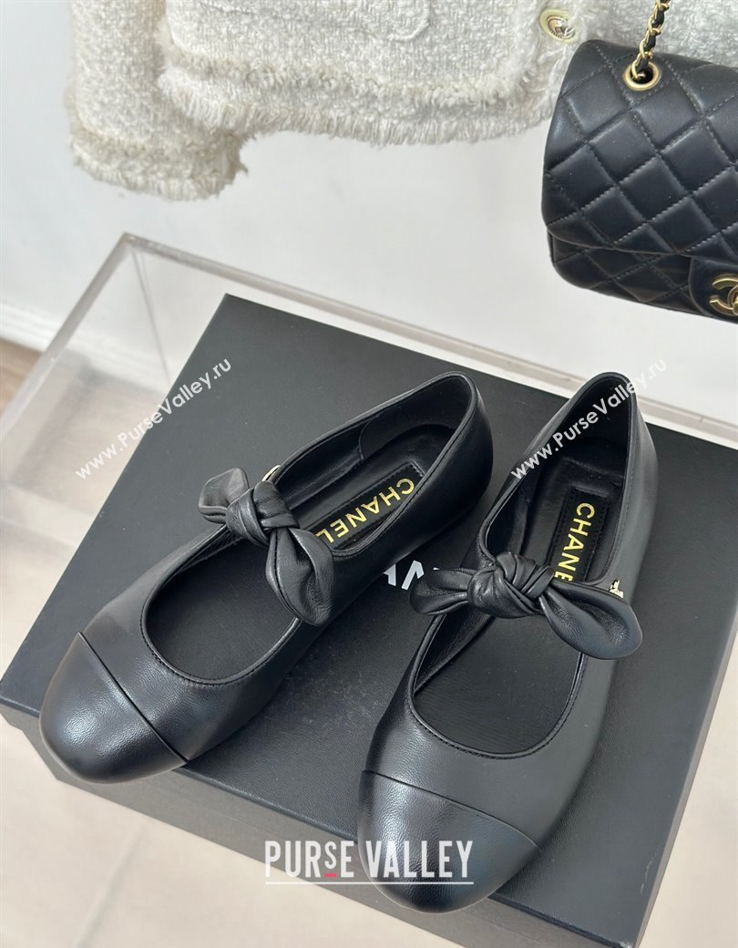 Chanel Lambskin Patent Leather Mary Janes Ballet Flats with Knot Bow Black 2025 G46149 (MD-250103035)