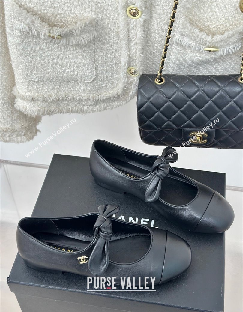 Chanel Lambskin Patent Leather Mary Janes Ballet Flats with Knot Bow Black 2025 G46149 (MD-250103035)