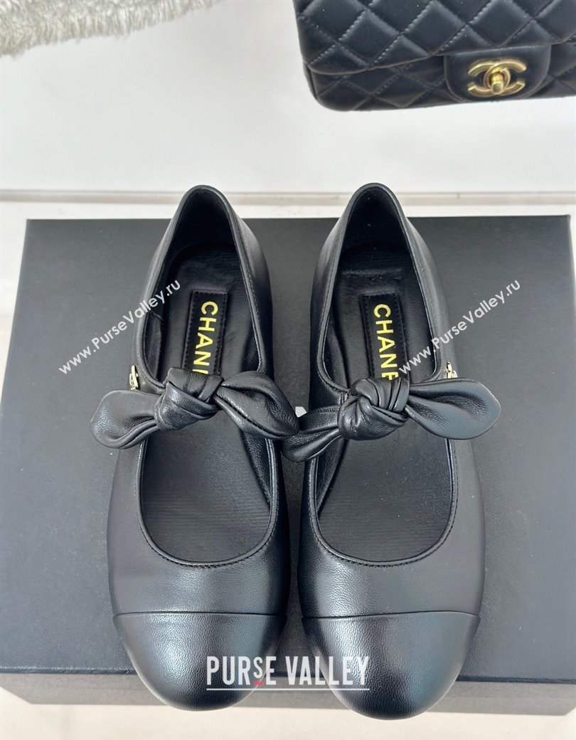 Chanel Lambskin Patent Leather Mary Janes Ballet Flats with Knot Bow Black 2025 G46149 (MD-250103035)