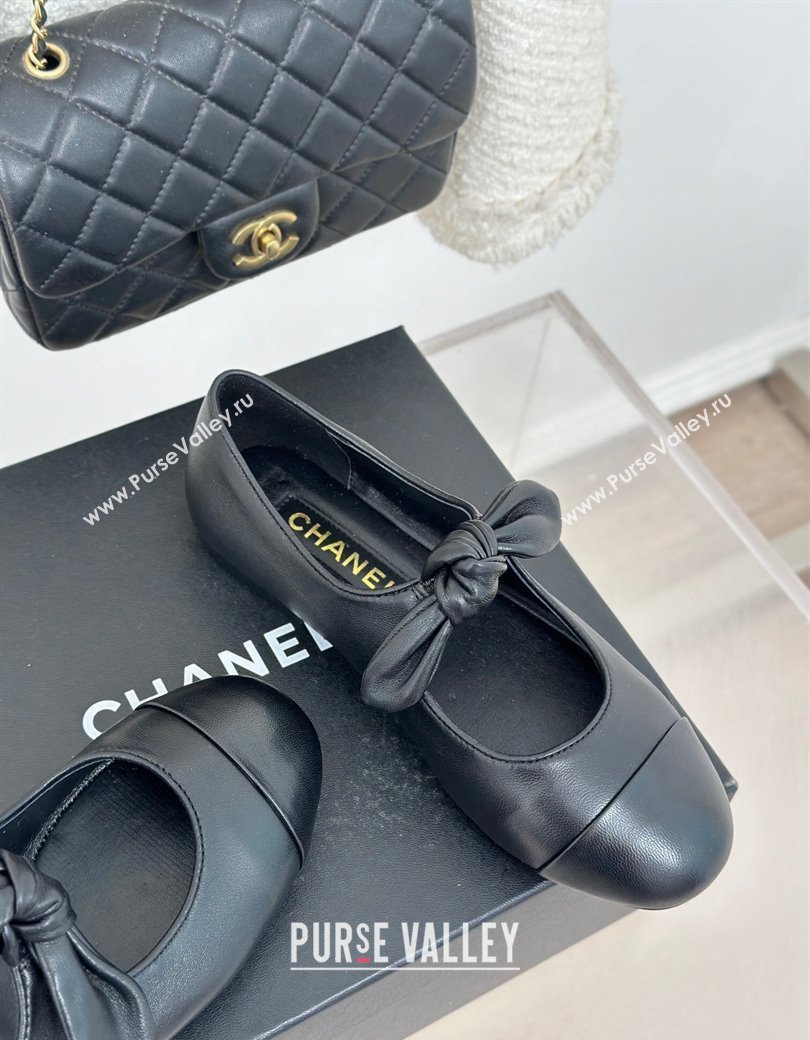 Chanel Lambskin Patent Leather Mary Janes Ballet Flats with Knot Bow Black 2025 G46149 (MD-250103035)