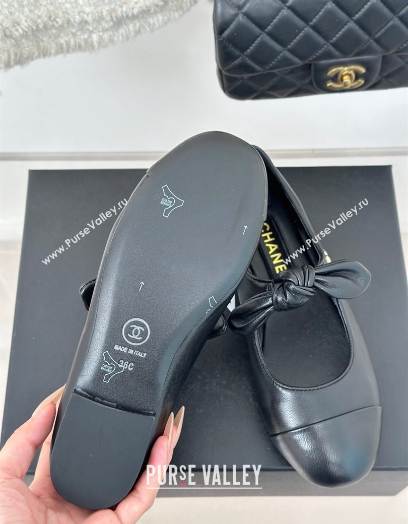Chanel Lambskin Patent Leather Mary Janes Ballet Flats with Knot Bow Black 2025 G46149 (MD-250103035)