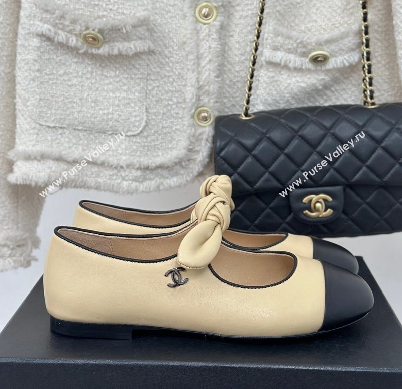 Chanel Lambskin Patent Leather Mary Janes Ballet Flats with Knot Bow Beige 2025 G46149 (MD-250103037)