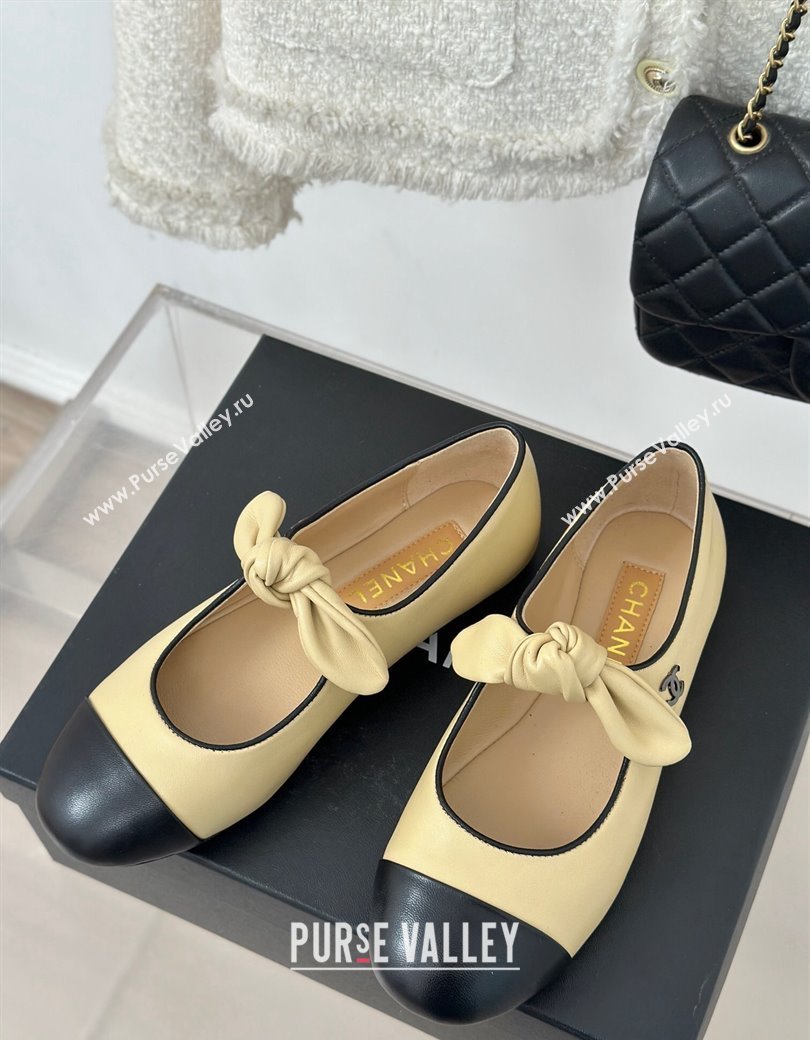 Chanel Lambskin Patent Leather Mary Janes Ballet Flats with Knot Bow Beige 2025 G46149 (MD-250103037)