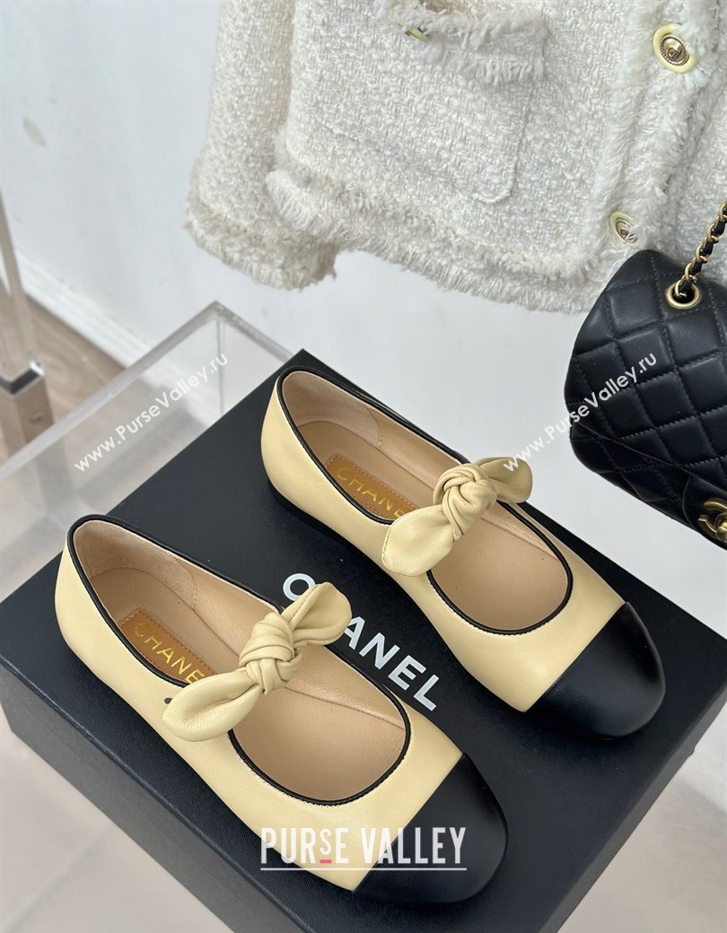 Chanel Lambskin Patent Leather Mary Janes Ballet Flats with Knot Bow Beige 2025 G46149 (MD-250103037)