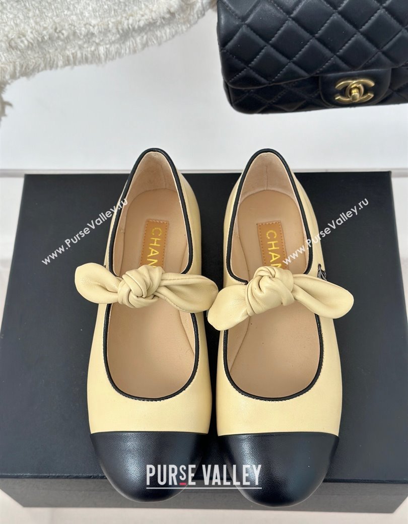 Chanel Lambskin Patent Leather Mary Janes Ballet Flats with Knot Bow Beige 2025 G46149 (MD-250103037)